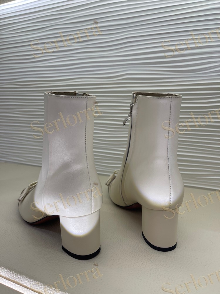 VALENTINO GARAVANI TWO‑TONE LEATHER BOW V‑LOGO BLOCK‑HEEL ANKLE BOOTS