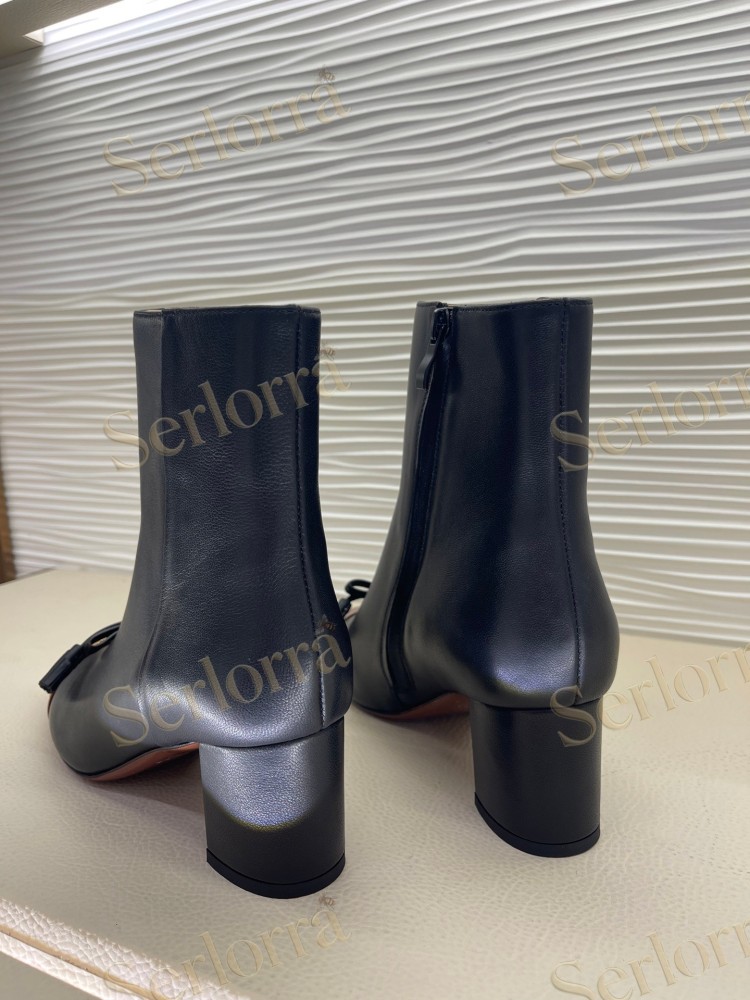 VALENTINO GARAVANI TWO‑TONE LEATHER BOW V‑LOGO BLOCK‑HEEL ANKLE BOOTS