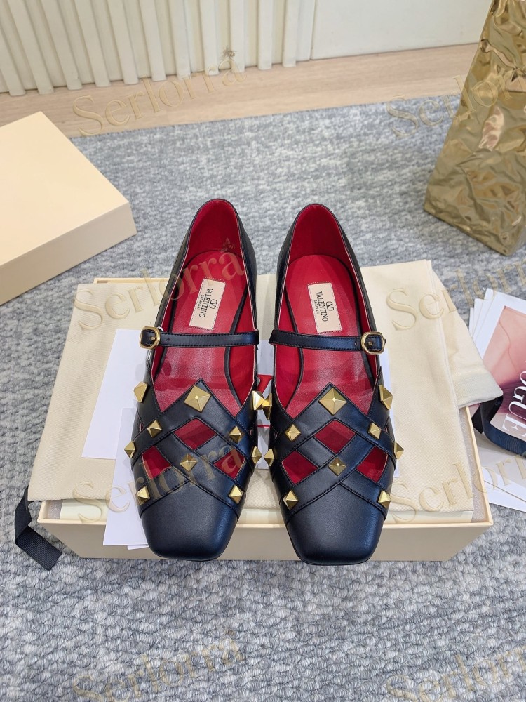 VALENTINO GARAVANI LEATHER ROMAN STUD CUT‑OUT MARY JANE FLATS