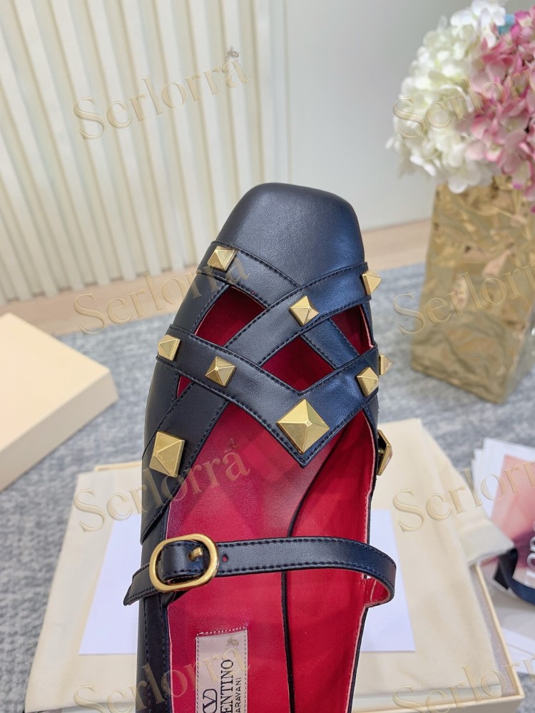 VALENTINO GARAVANI LEATHER ROMAN STUD CUT‑OUT MARY JANE FLATS