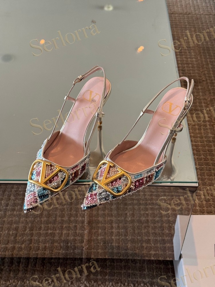 VALENTINO GARAVANI MULTICOLOR SEQUIN‑EMBELLISHED VLOGO SLINGBACK STILETTO PUMPS