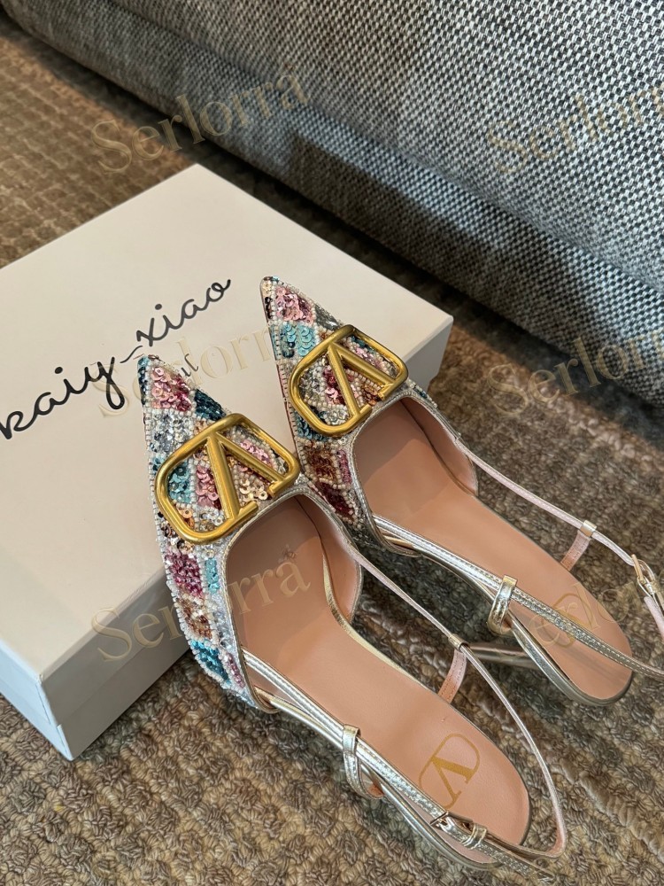 VALENTINO GARAVANI MULTICOLOR SEQUIN‑EMBELLISHED VLOGO SLINGBACK STILETTO PUMPS