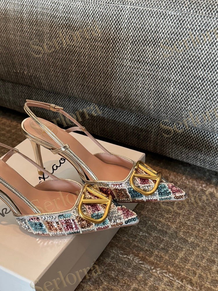 VALENTINO GARAVANI MULTICOLOR SEQUIN‑EMBELLISHED VLOGO SLINGBACK STILETTO PUMPS