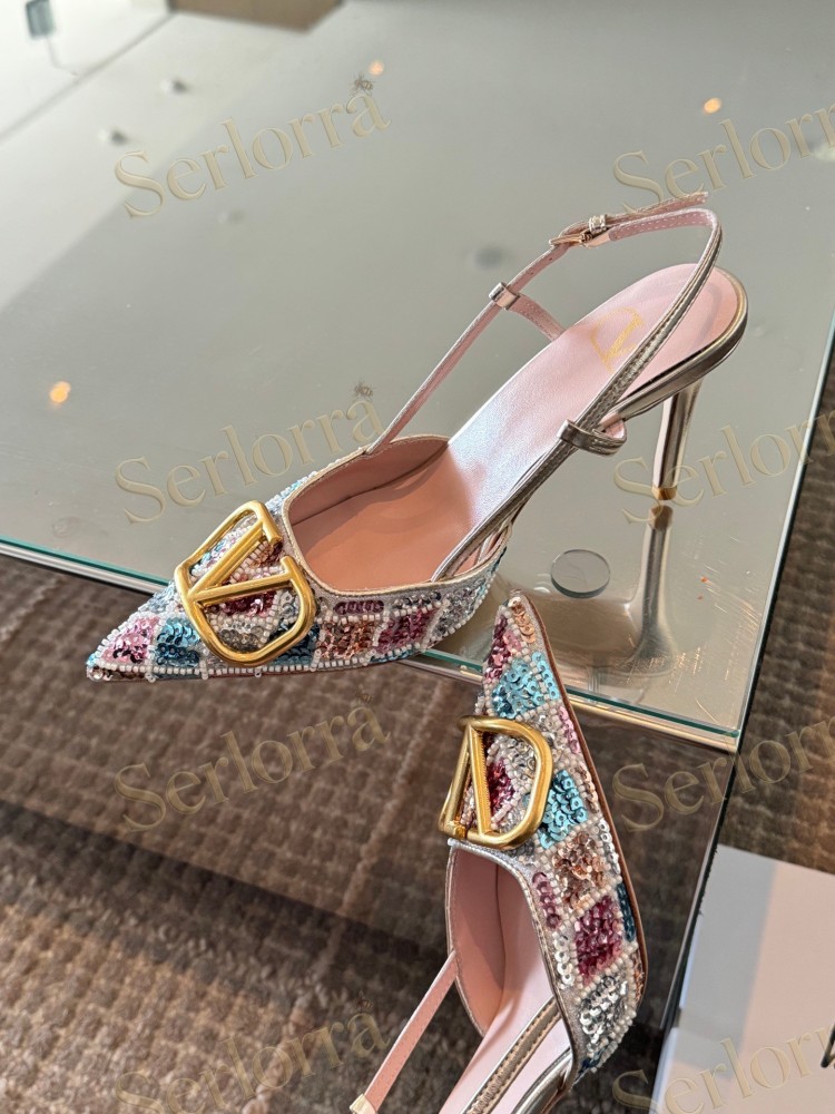 VALENTINO GARAVANI MULTICOLOR SEQUIN‑EMBELLISHED VLOGO SLINGBACK STILETTO PUMPS