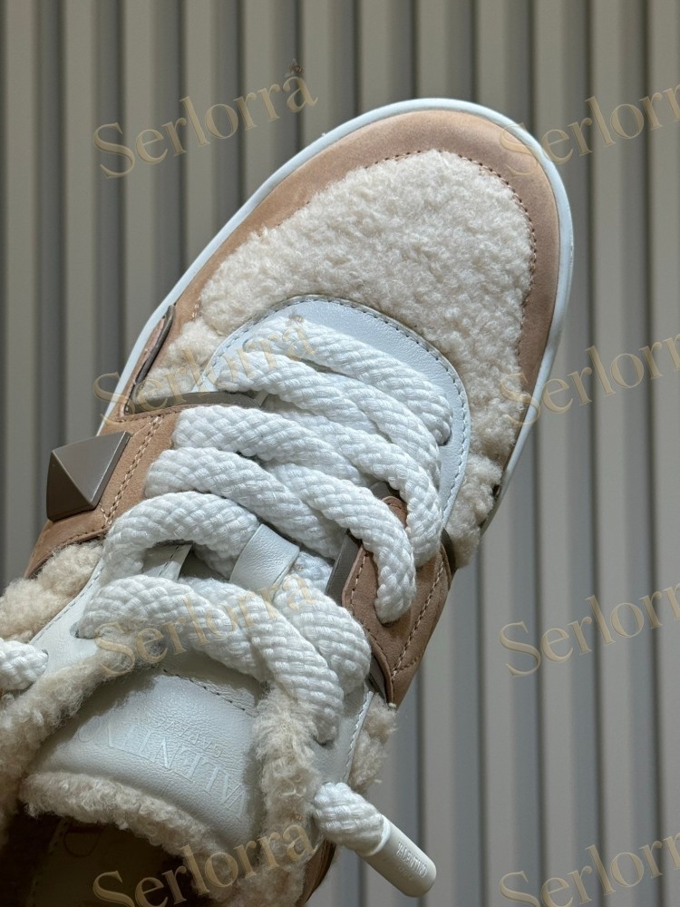 VALENTINO GARAVANI ONE STUD XL LEATHER AND SHEARLING PLATFORM SNEAKERS