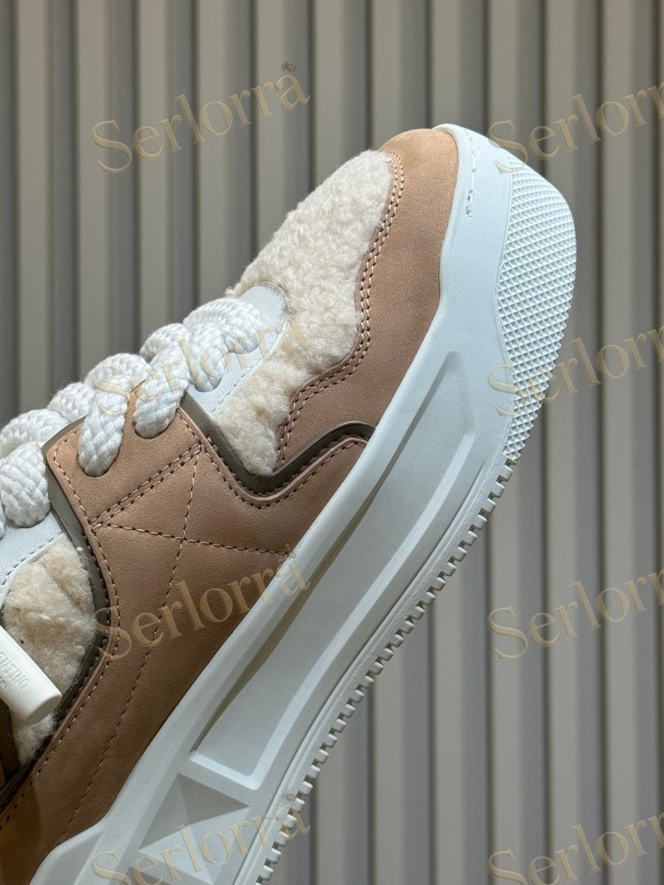 VALENTINO GARAVANI ONE STUD XL LEATHER AND SHEARLING PLATFORM SNEAKERS