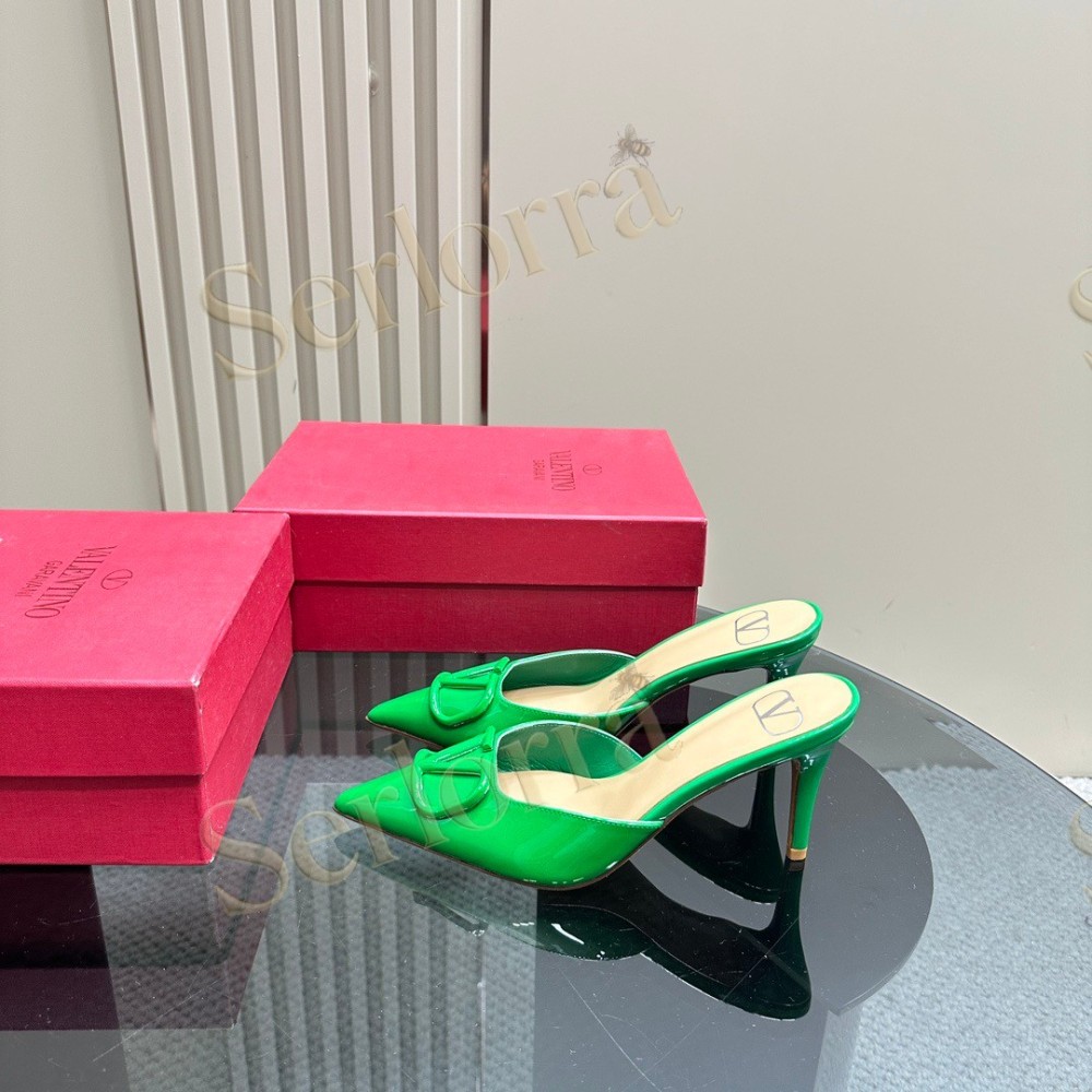 VALENTINO GARAVANI VLOGO PATENT LEATHER POINTED‑TOE STILETTO MULES