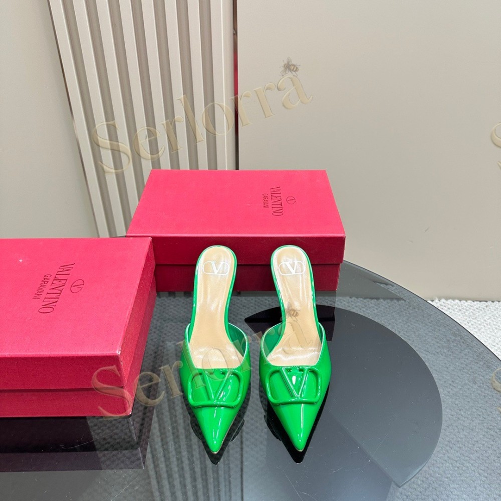 VALENTINO GARAVANI VLOGO PATENT LEATHER POINTED‑TOE STILETTO MULES