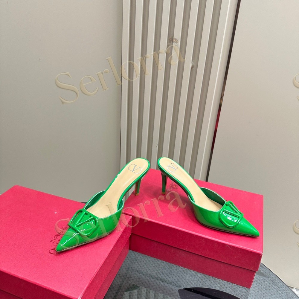 VALENTINO GARAVANI VLOGO PATENT LEATHER POINTED‑TOE STILETTO MULES