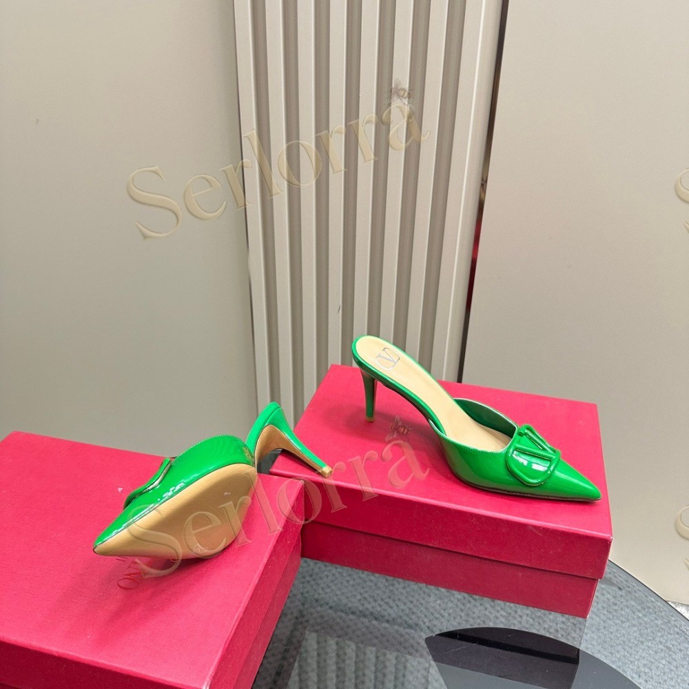 VALENTINO GARAVANI VLOGO PATENT LEATHER POINTED‑TOE STILETTO MULES