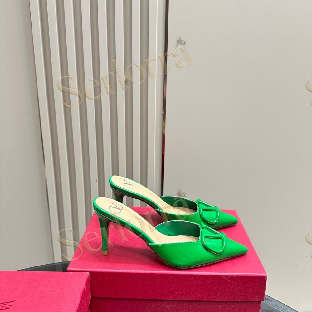 VALENTINO GARAVANI VLOGO PATENT LEATHER POINTED‑TOE STILETTO MULES
