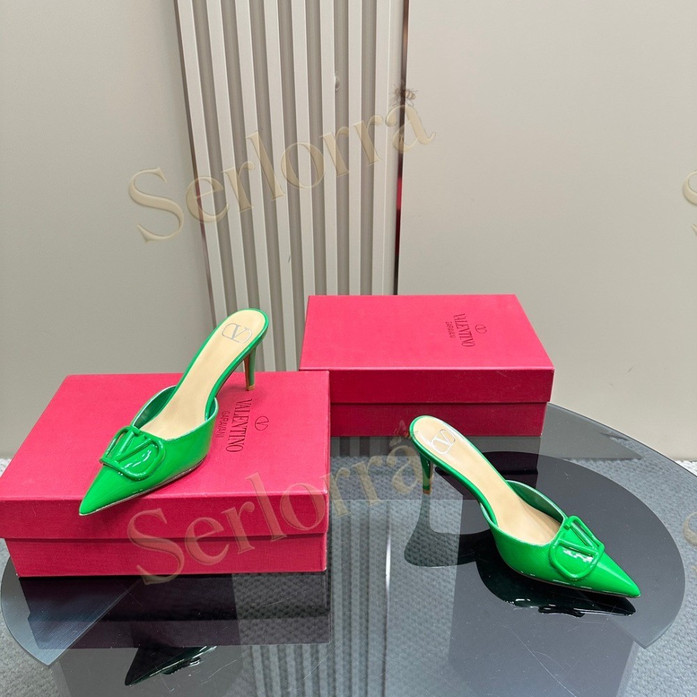 VALENTINO GARAVANI VLOGO PATENT LEATHER POINTED‑TOE STILETTO MULES