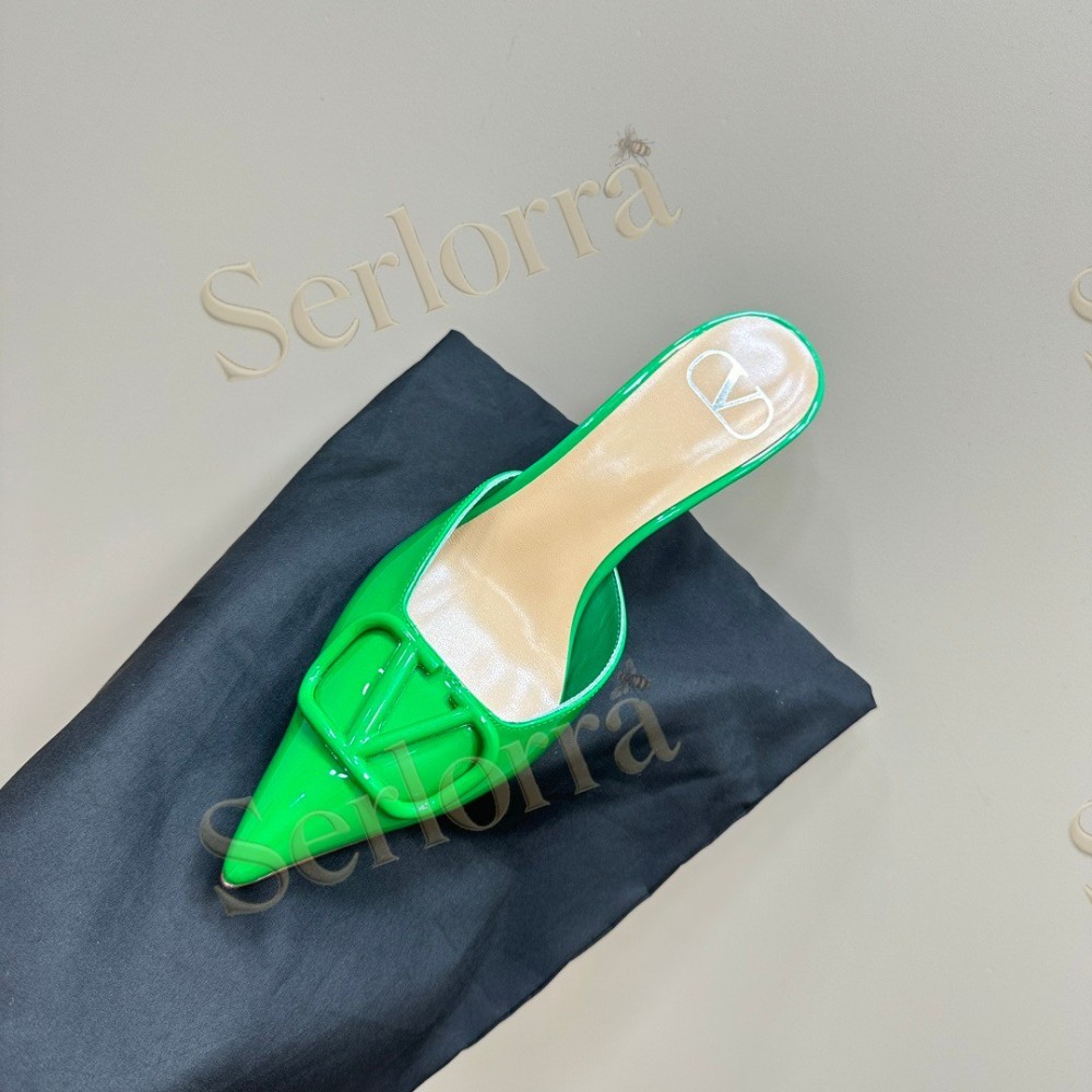 VALENTINO GARAVANI VLOGO PATENT LEATHER POINTED‑TOE STILETTO MULES