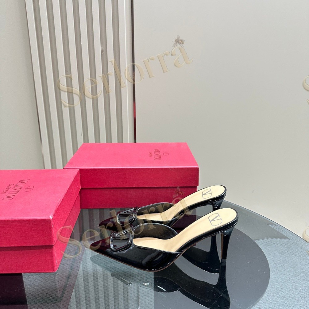 VALENTINO GARAVANI VLOGO PATENT LEATHER POINTED‑TOE STILETTO MULES