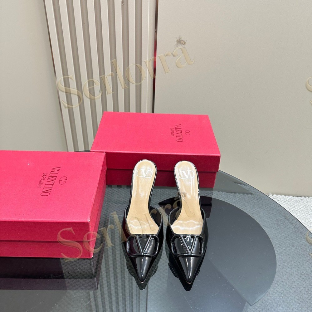 VALENTINO GARAVANI VLOGO PATENT LEATHER POINTED‑TOE STILETTO MULES