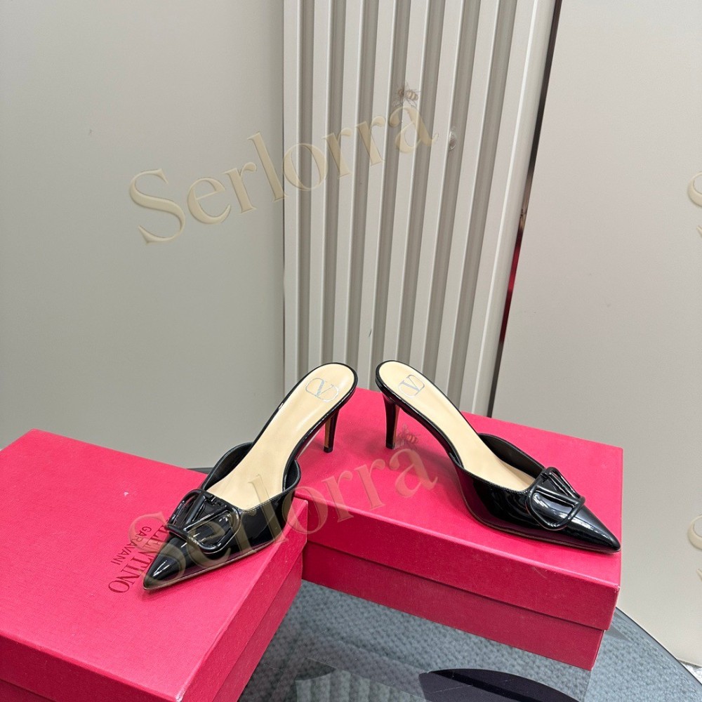 VALENTINO GARAVANI VLOGO PATENT LEATHER POINTED‑TOE STILETTO MULES