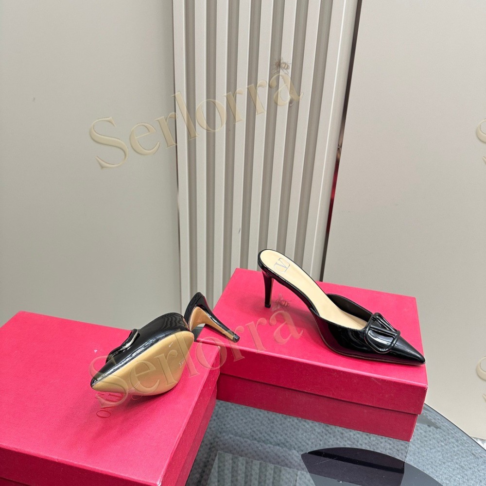 VALENTINO GARAVANI VLOGO PATENT LEATHER POINTED‑TOE STILETTO MULES