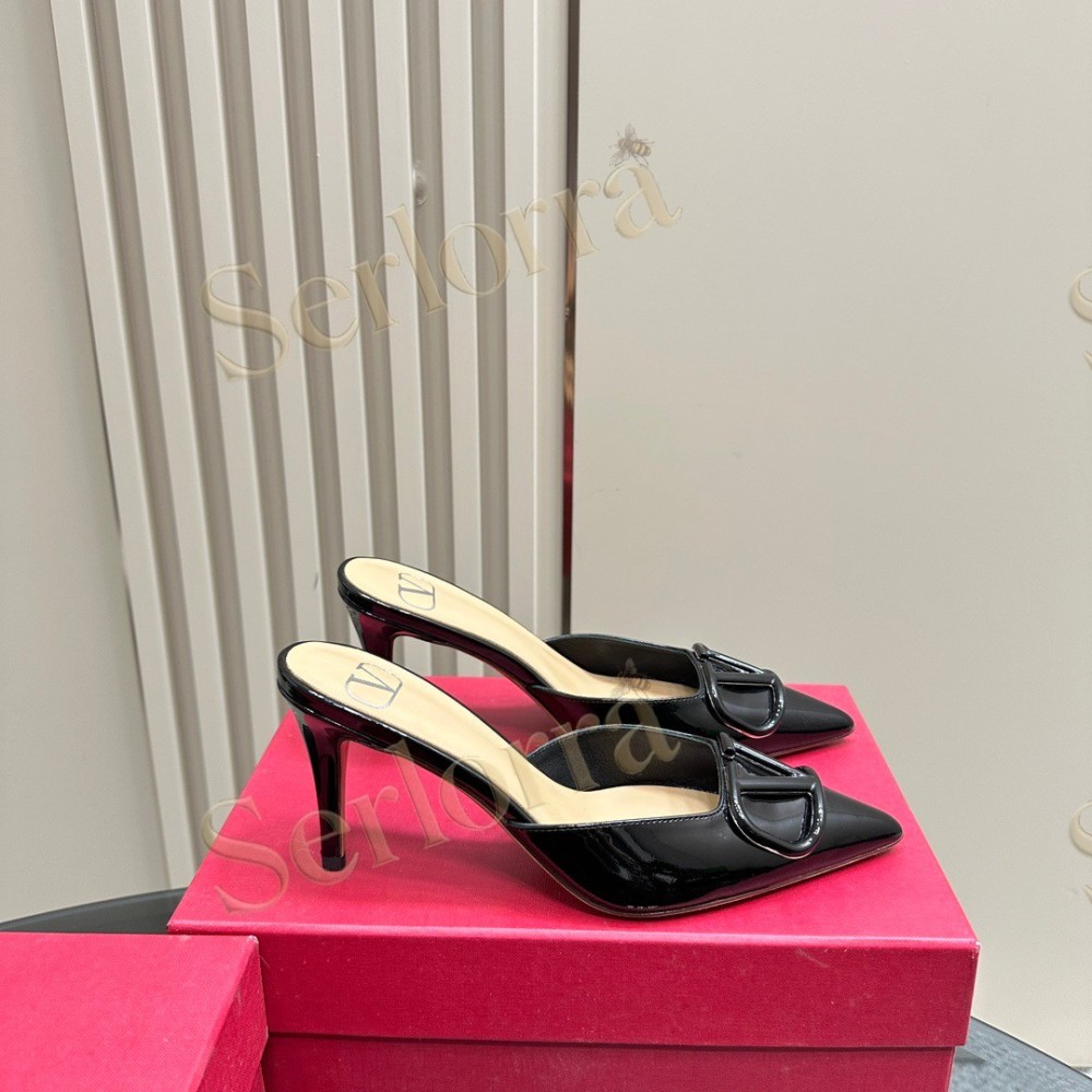 VALENTINO GARAVANI VLOGO PATENT LEATHER POINTED‑TOE STILETTO MULES