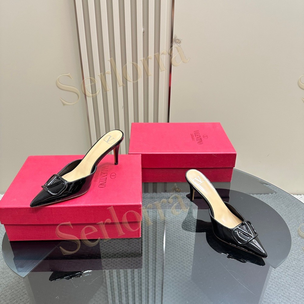 VALENTINO GARAVANI VLOGO PATENT LEATHER POINTED‑TOE STILETTO MULES