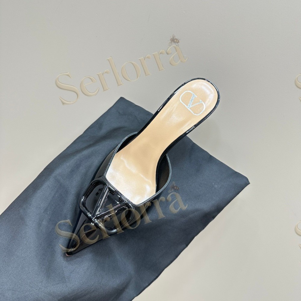 VALENTINO GARAVANI VLOGO PATENT LEATHER POINTED‑TOE STILETTO MULES