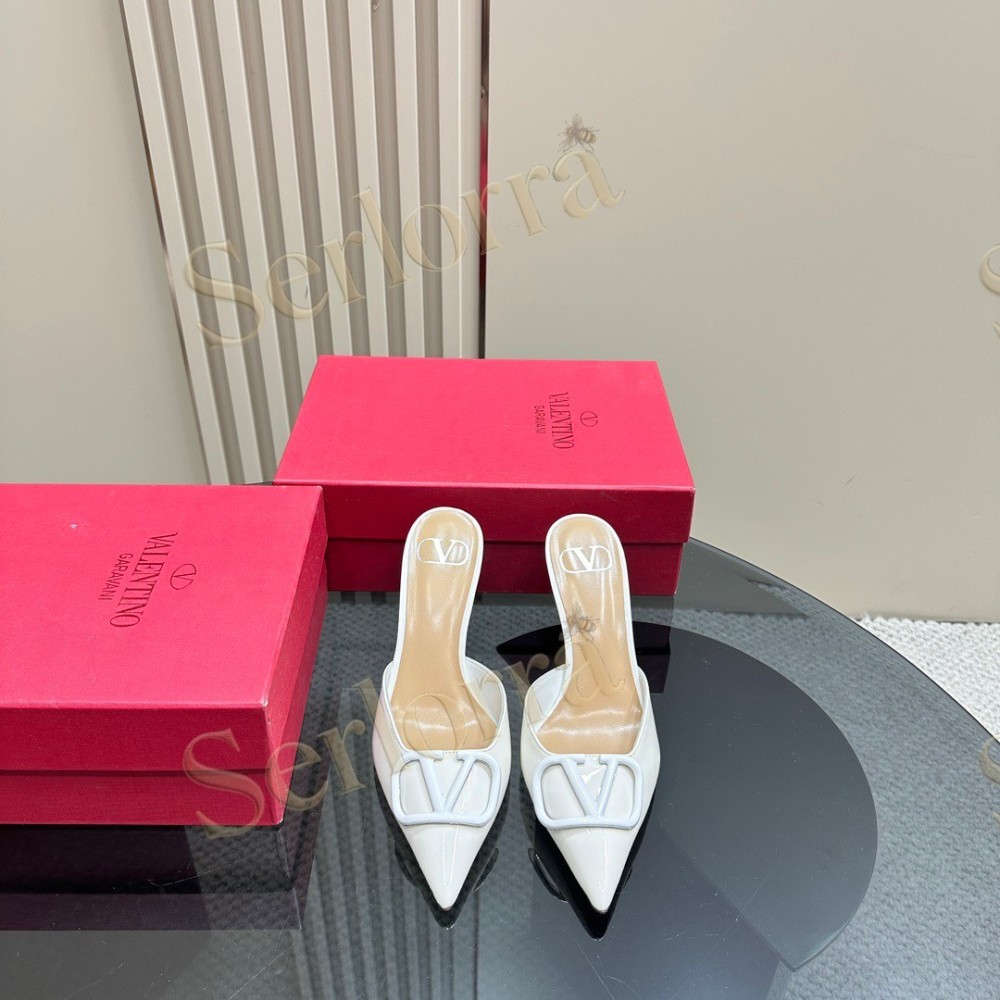 VALENTINO GARAVANI VLOGO PATENT LEATHER POINTED‑TOE STILETTO MULES