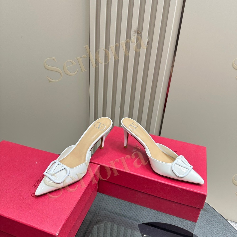 VALENTINO GARAVANI VLOGO PATENT LEATHER POINTED‑TOE STILETTO MULES