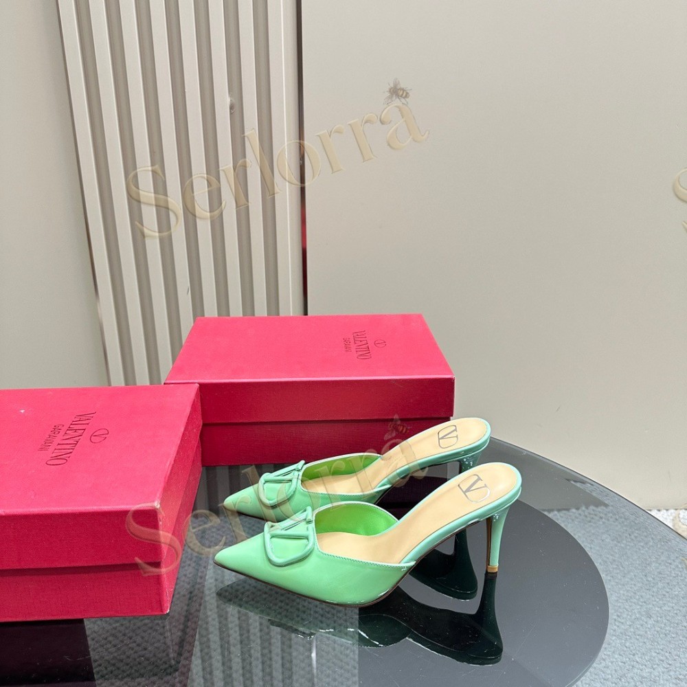 VALENTINO GARAVANI VLOGO PATENT LEATHER POINTED‑TOE STILETTO MULES