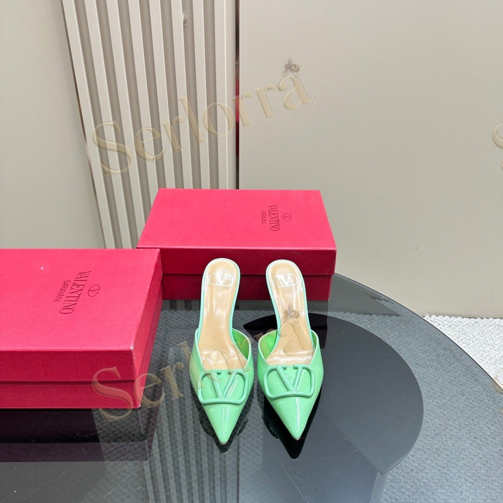 VALENTINO GARAVANI VLOGO PATENT LEATHER POINTED‑TOE STILETTO MULES