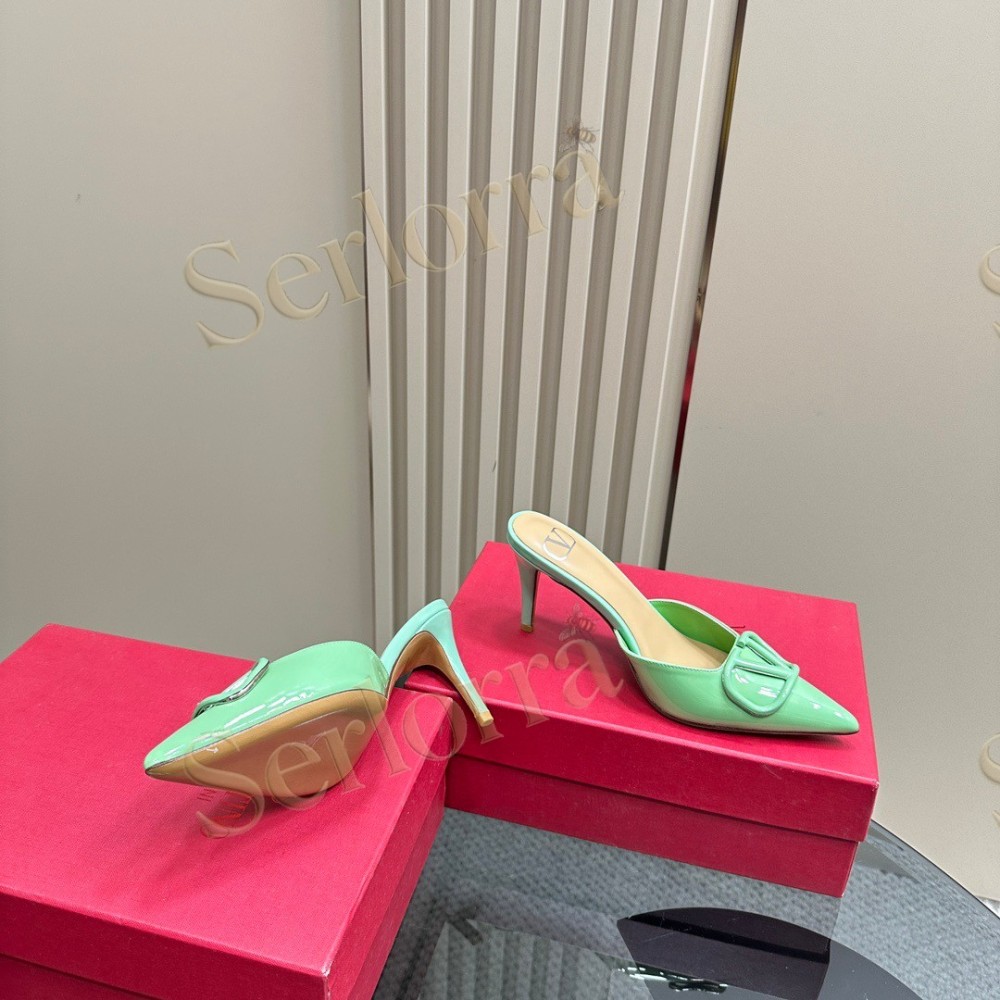 VALENTINO GARAVANI VLOGO PATENT LEATHER POINTED‑TOE STILETTO MULES