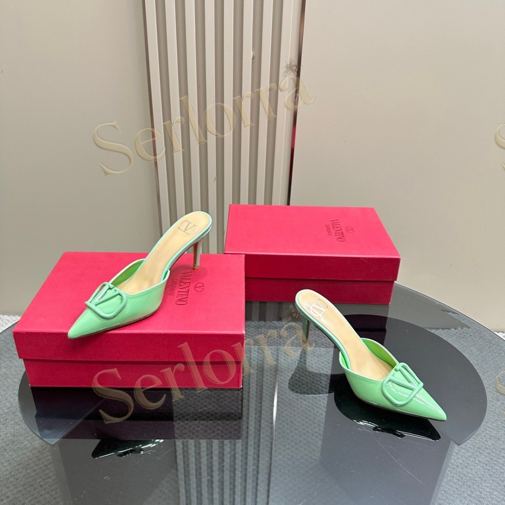 VALENTINO GARAVANI VLOGO PATENT LEATHER POINTED‑TOE STILETTO MULES