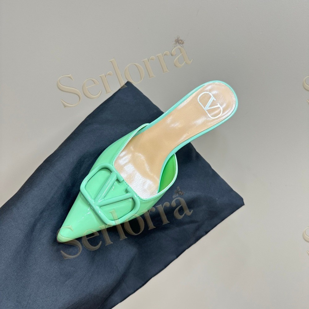 VALENTINO GARAVANI VLOGO PATENT LEATHER POINTED‑TOE STILETTO MULES