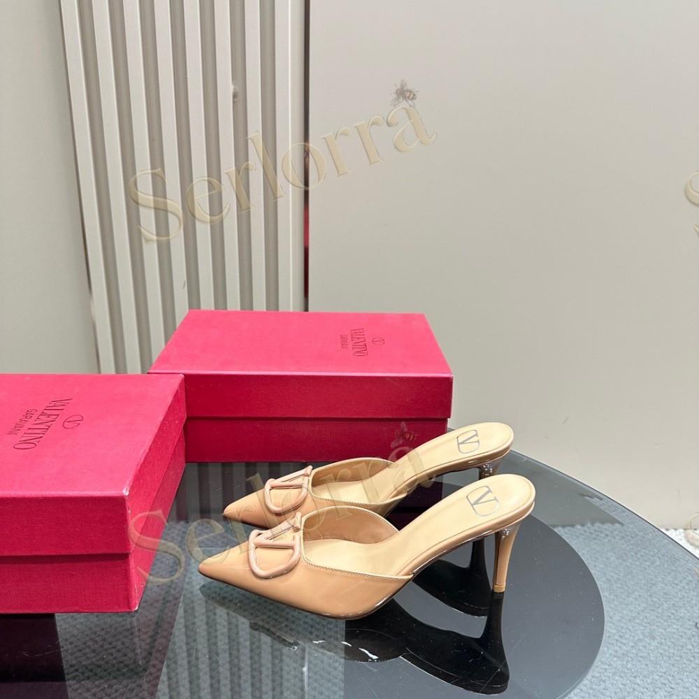 VALENTINO GARAVANI VLOGO PATENT LEATHER POINTED‑TOE STILETTO MULES