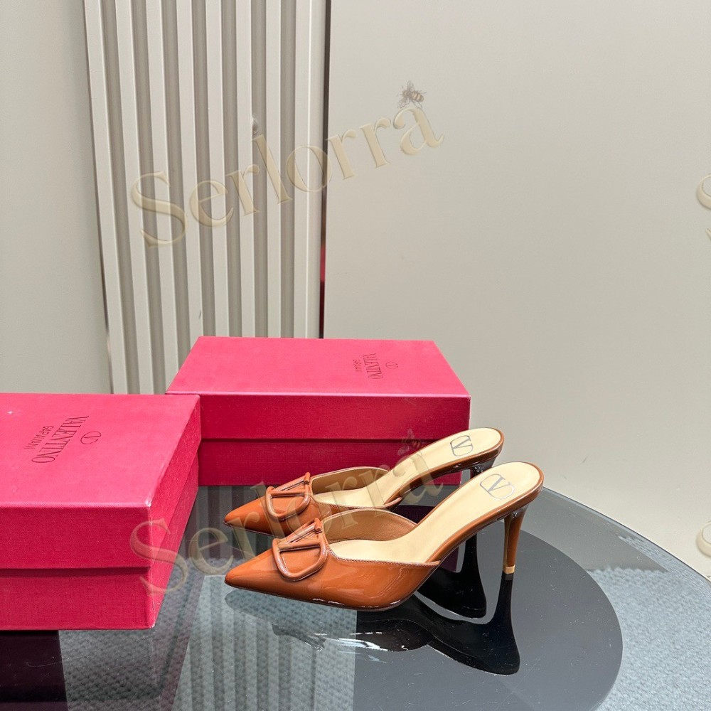 VALENTINO GARAVANI VLOGO PATENT LEATHER POINTED‑TOE STILETTO MULES
