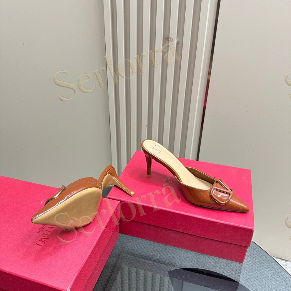 VALENTINO GARAVANI VLOGO PATENT LEATHER POINTED‑TOE STILETTO MULES