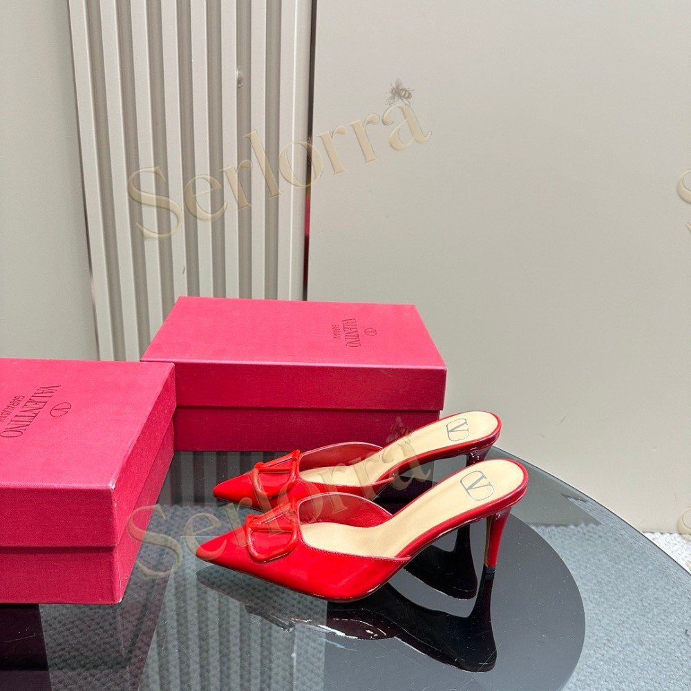 VALENTINO GARAVANI VLOGO PATENT LEATHER POINTED‑TOE STILETTO MULES