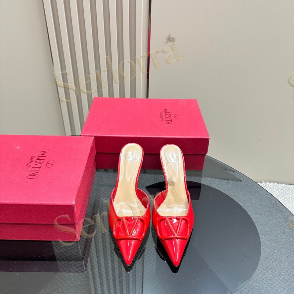 VALENTINO GARAVANI VLOGO PATENT LEATHER POINTED‑TOE STILETTO MULES