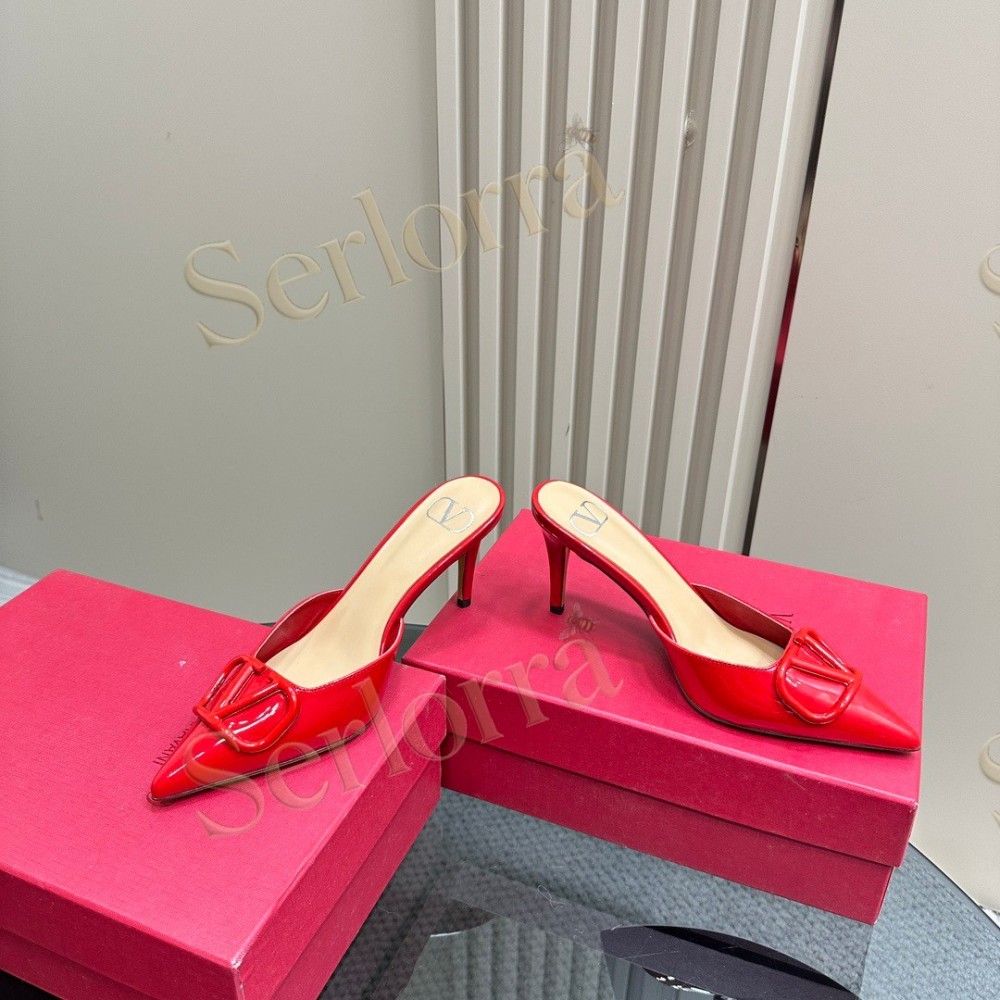 VALENTINO GARAVANI VLOGO PATENT LEATHER POINTED‑TOE STILETTO MULES