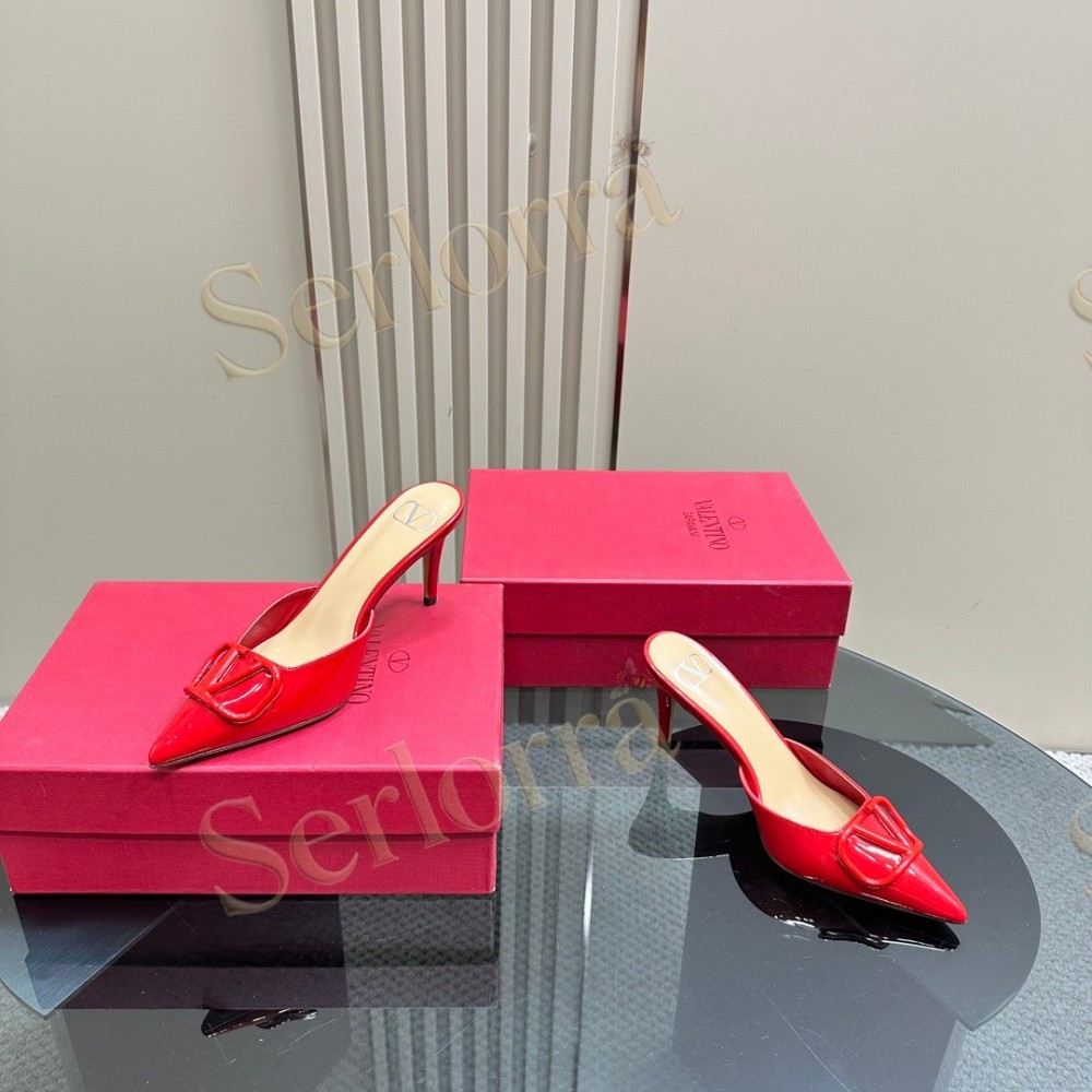 VALENTINO GARAVANI VLOGO PATENT LEATHER POINTED‑TOE STILETTO MULES