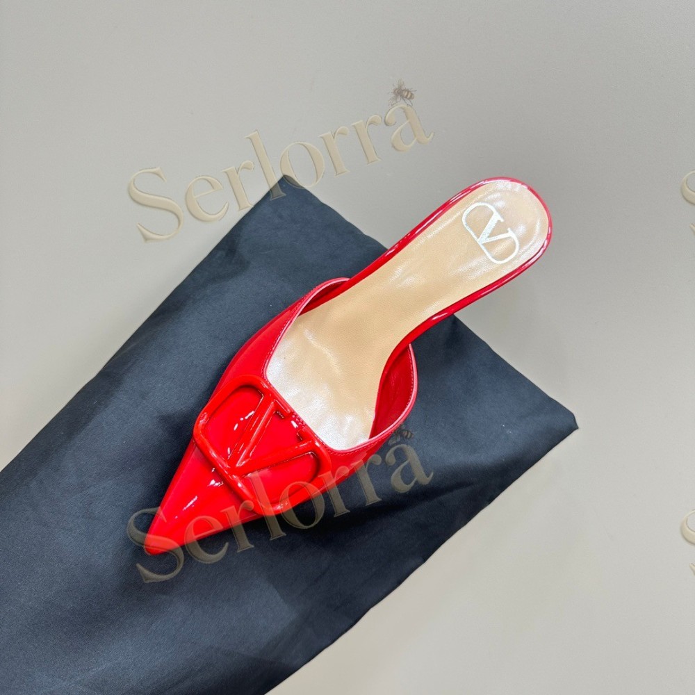 VALENTINO GARAVANI VLOGO PATENT LEATHER POINTED‑TOE STILETTO MULES
