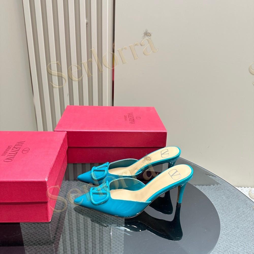 VALENTINO GARAVANI VLOGO PATENT LEATHER POINTED‑TOE STILETTO MULES