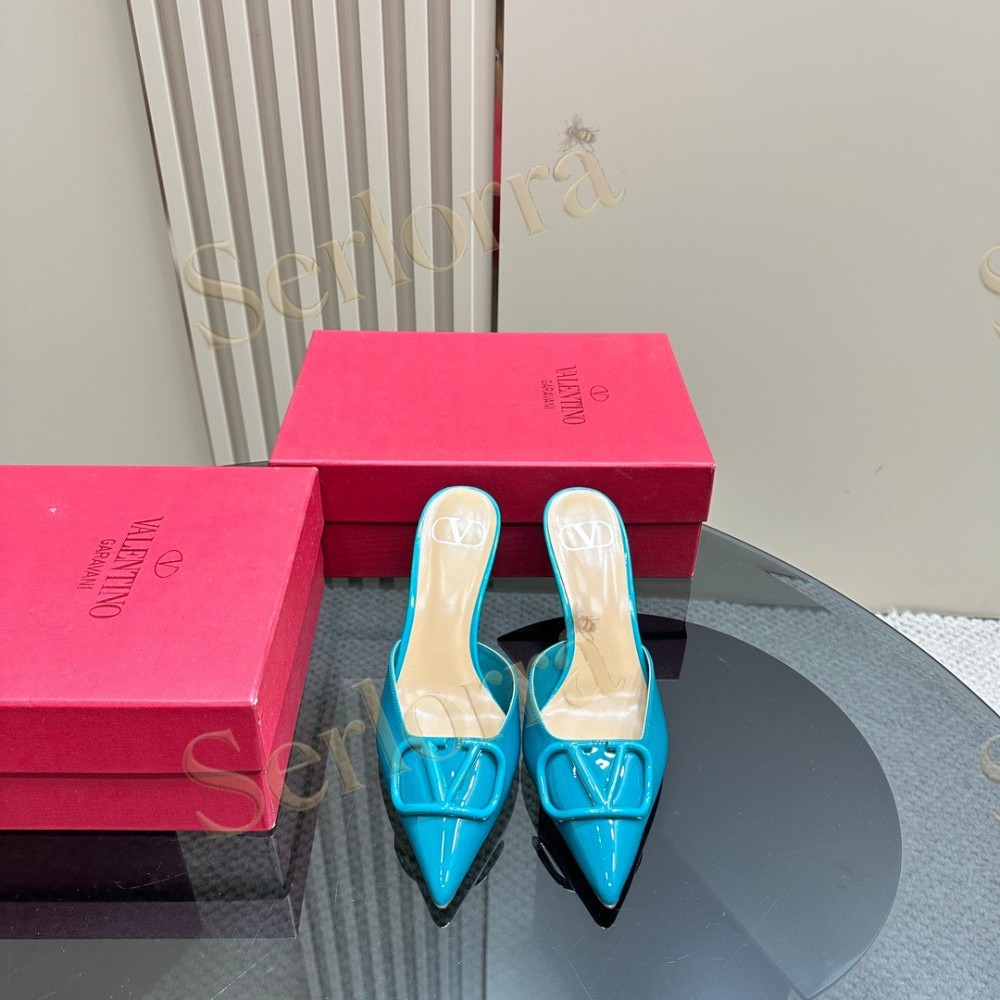 VALENTINO GARAVANI VLOGO PATENT LEATHER POINTED‑TOE STILETTO MULES