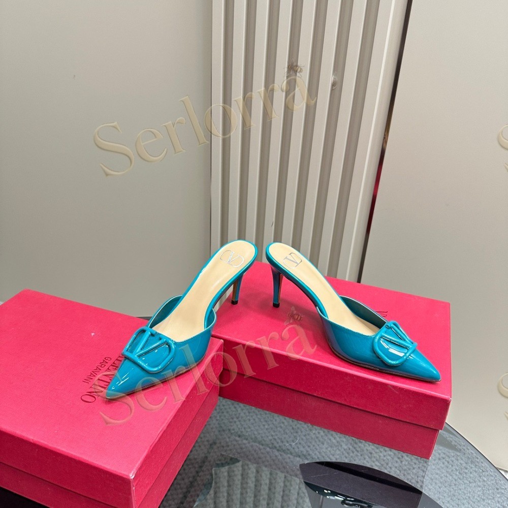 VALENTINO GARAVANI VLOGO PATENT LEATHER POINTED‑TOE STILETTO MULES