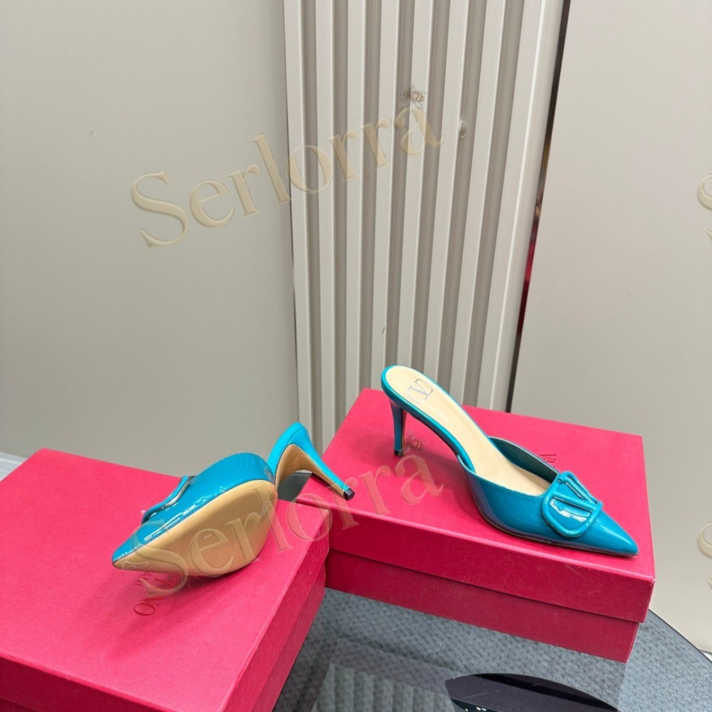 VALENTINO GARAVANI VLOGO PATENT LEATHER POINTED‑TOE STILETTO MULES