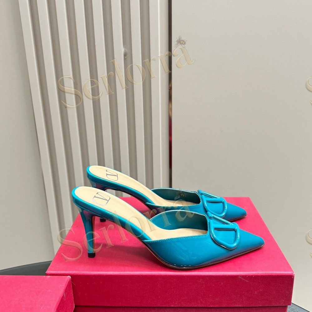 VALENTINO GARAVANI VLOGO PATENT LEATHER POINTED‑TOE STILETTO MULES