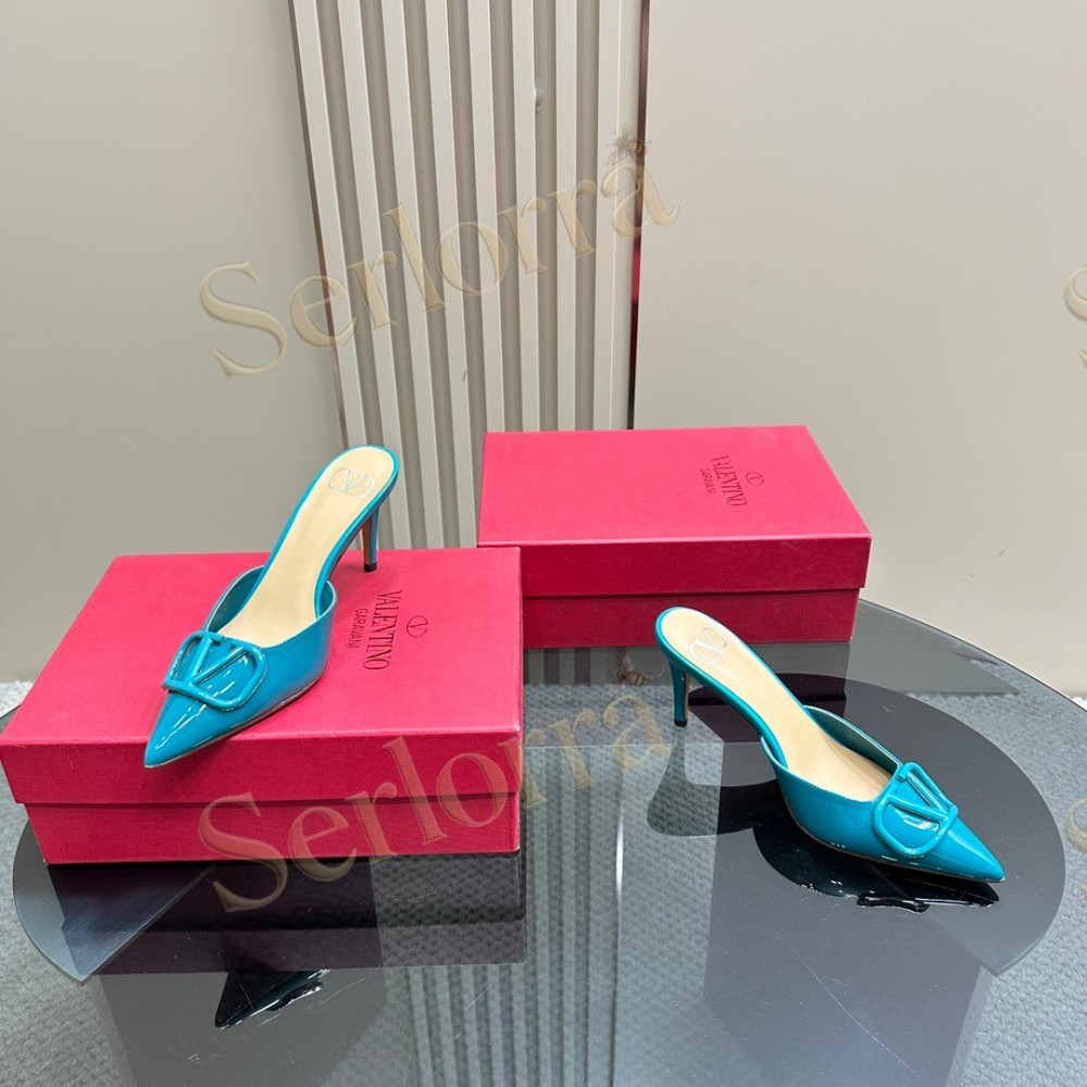 VALENTINO GARAVANI VLOGO PATENT LEATHER POINTED‑TOE STILETTO MULES