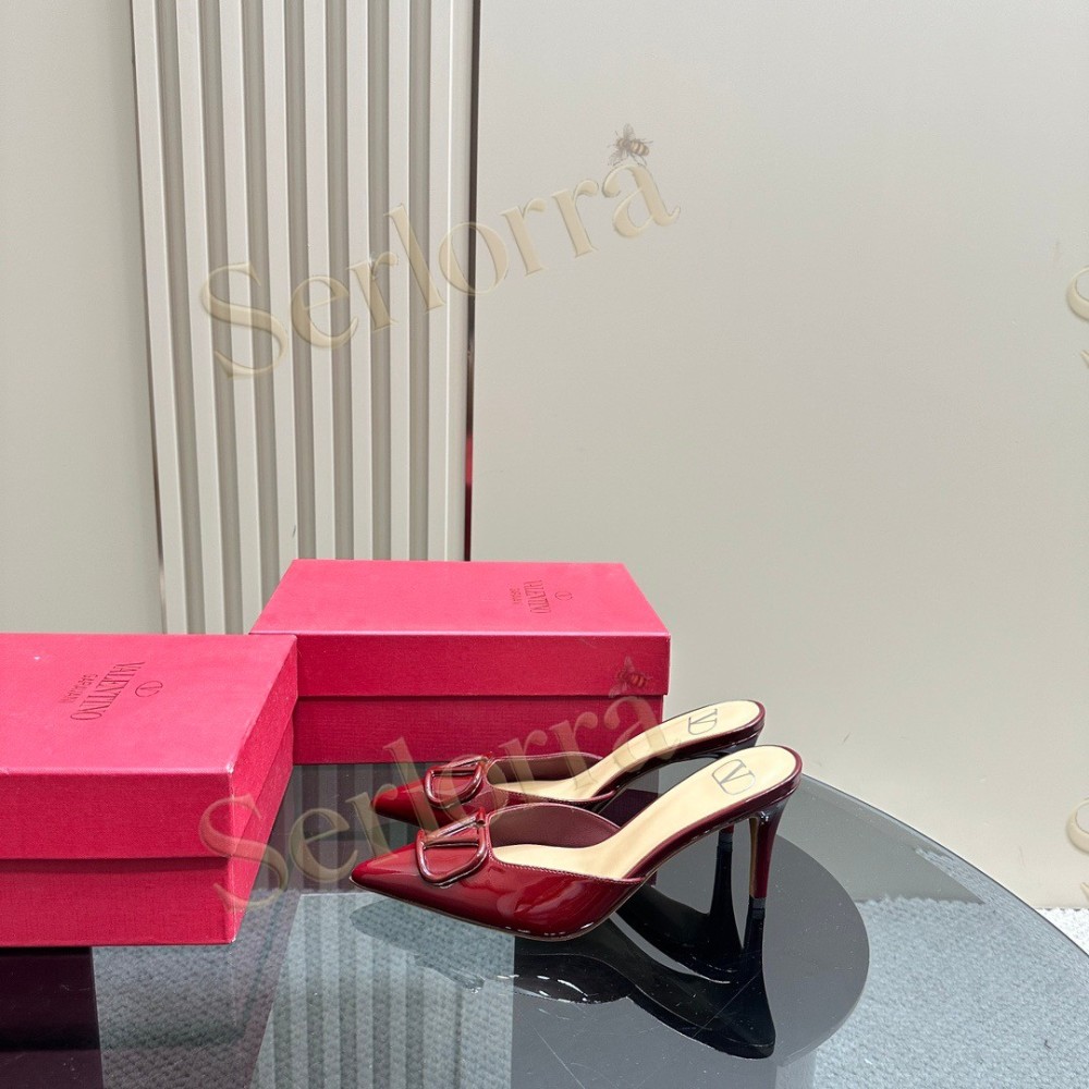 VALENTINO GARAVANI VLOGO PATENT LEATHER POINTED‑TOE STILETTO MULES