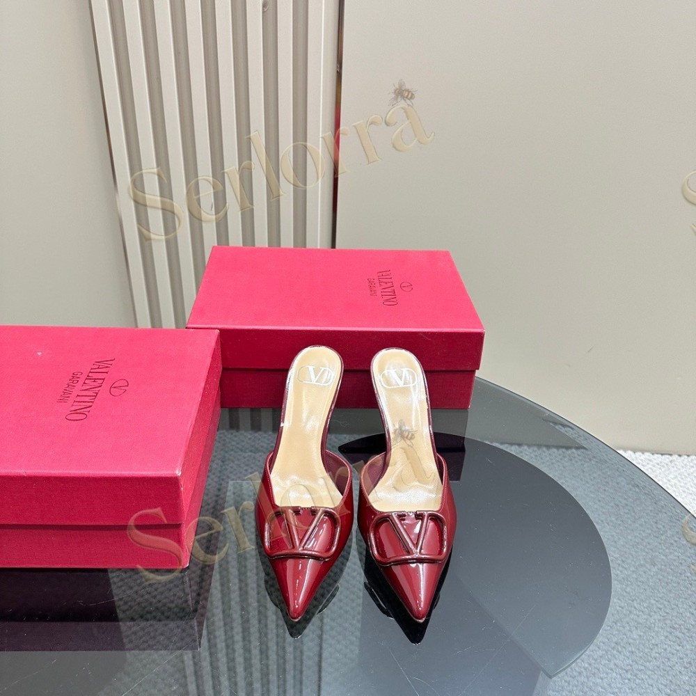 VALENTINO GARAVANI VLOGO PATENT LEATHER POINTED‑TOE STILETTO MULES
