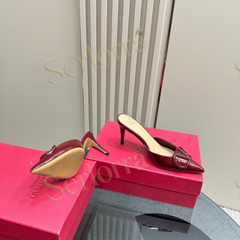 VALENTINO GARAVANI VLOGO PATENT LEATHER POINTED‑TOE STILETTO MULES