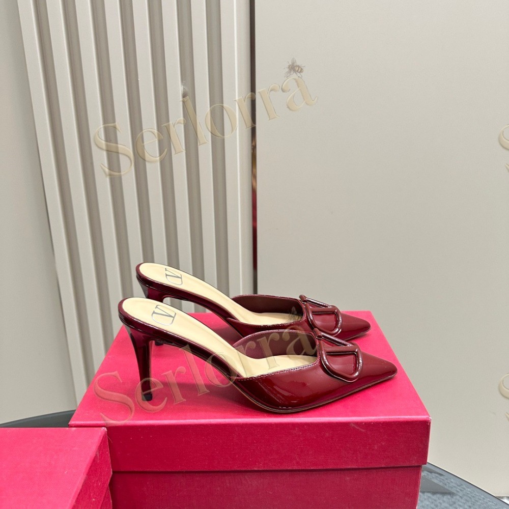VALENTINO GARAVANI VLOGO PATENT LEATHER POINTED‑TOE STILETTO MULES