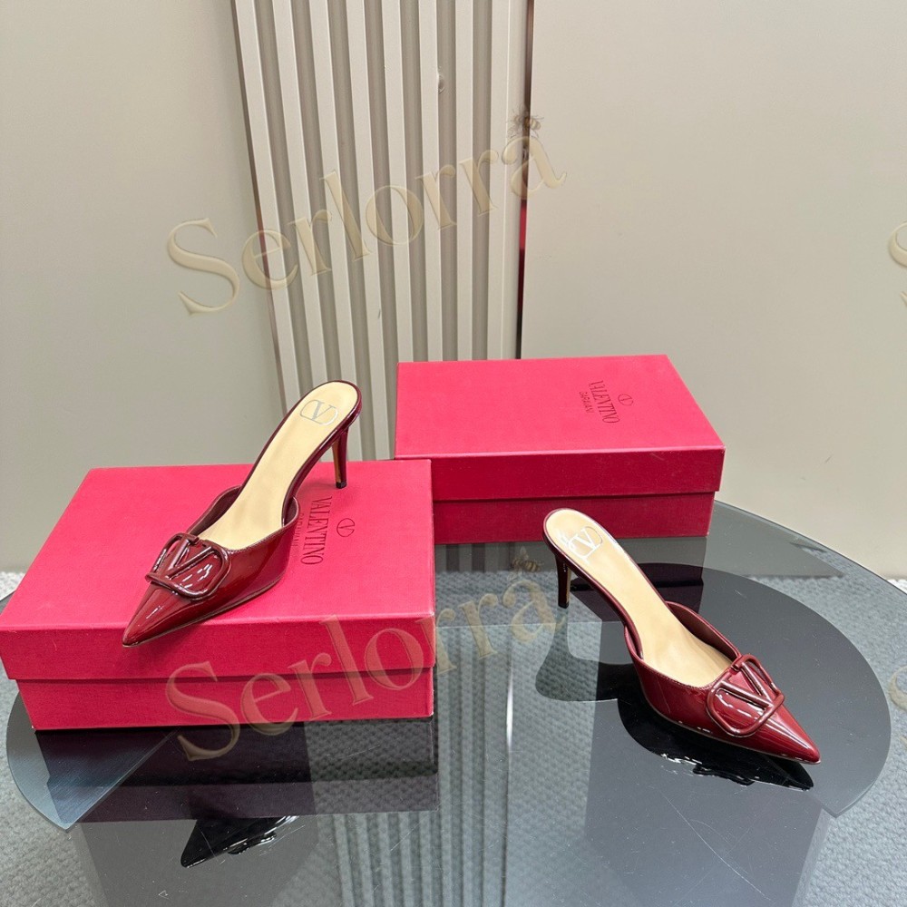 VALENTINO GARAVANI VLOGO PATENT LEATHER POINTED‑TOE STILETTO MULES